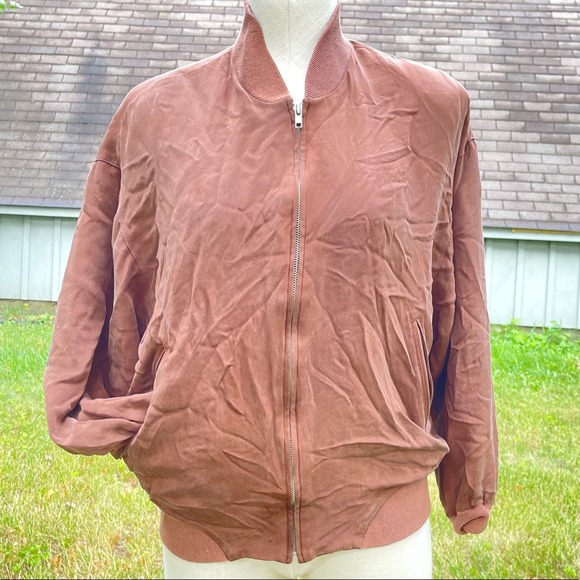 Vintage Silk Jacket brown zippered pockets Shoulder Pads Patrick Coat Sz Medium - Picture 1 of 15